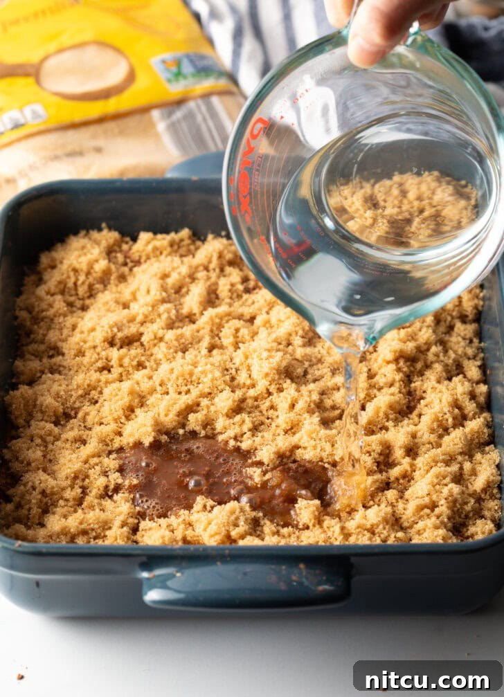 Decadent Chocolate Pudding Cake 7 Crumbled brown sugar in a pan, pouring boiling water over the cake.