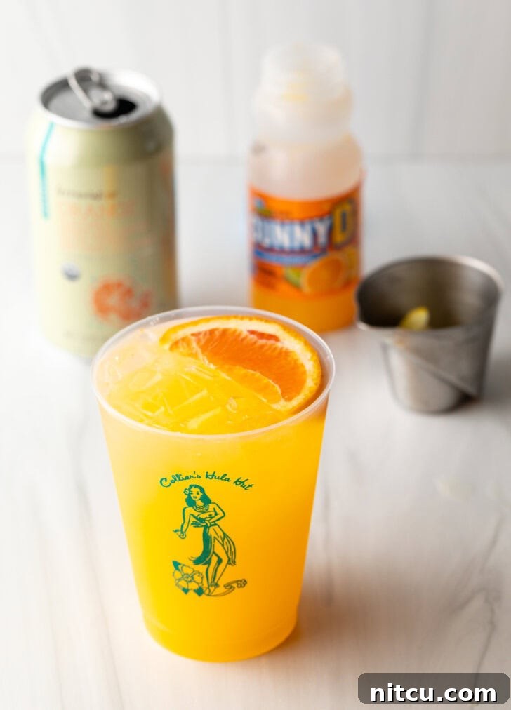 Sunny D Zest Seltzer 8 Sunny d vodka seltzer drink in a glass cup with slice of orange on top. Bottle of juice, metal cup with vodka, and can of soda in the background.