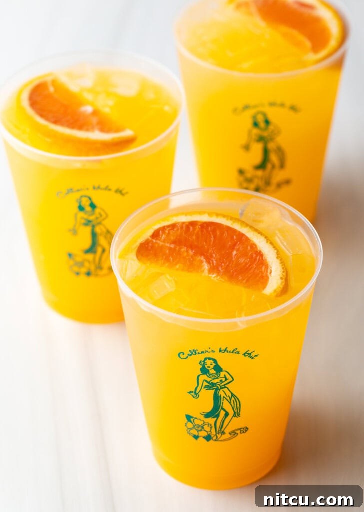 Sunny D Zest Seltzer 9 Three Sunny D Vodka Seltzer drinks, each in a glass cup with a slice of orange on top.