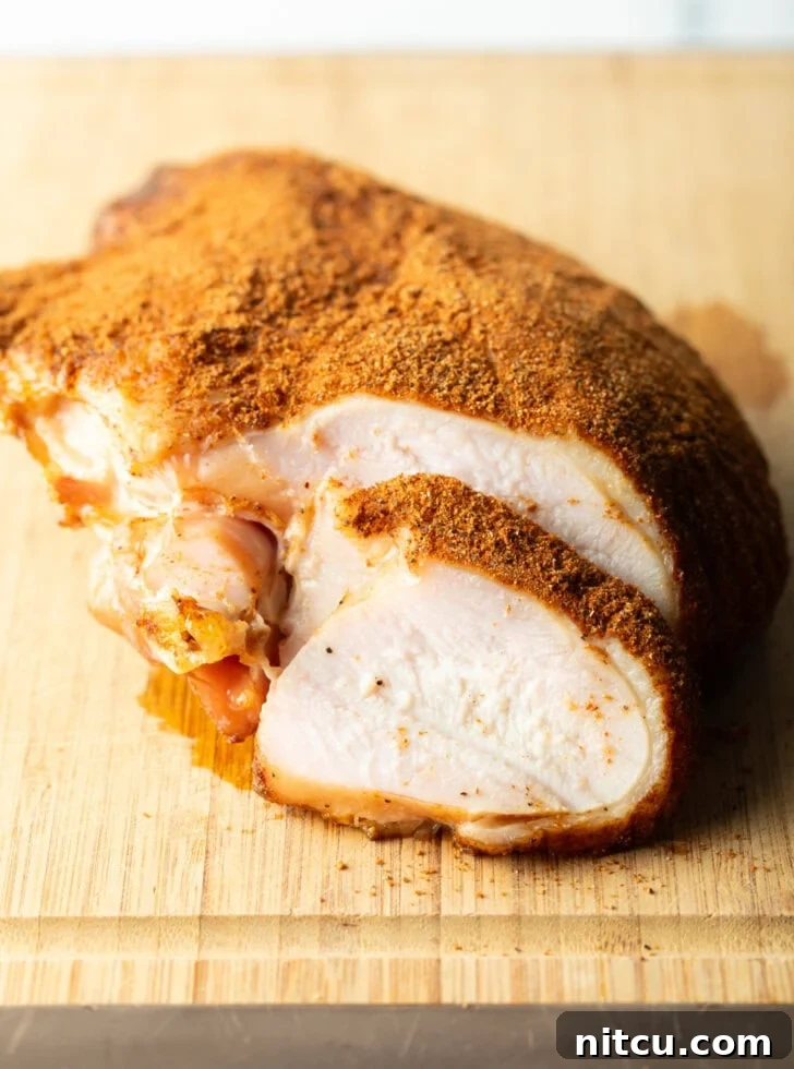 Perfectly Smoked Traeger Turkey Breast 11 Spice-rubbed smoked turkey breast on a wood cutting board, a slice is in front of the breast.