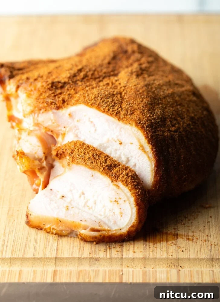 Perfectly Smoked Traeger Turkey Breast 3 Spice-rubbed smoked turkey breast on a wood cutting board, a slice is in front of the breast.