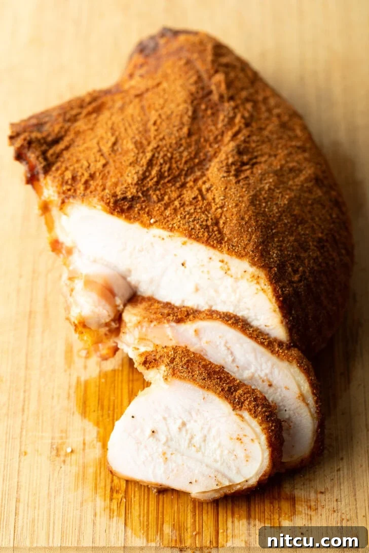 Perfectly Smoked Traeger Turkey Breast 4 Spice-rubbed smoked turkey breast on a wood cutting board, two slices are in front of the breast.