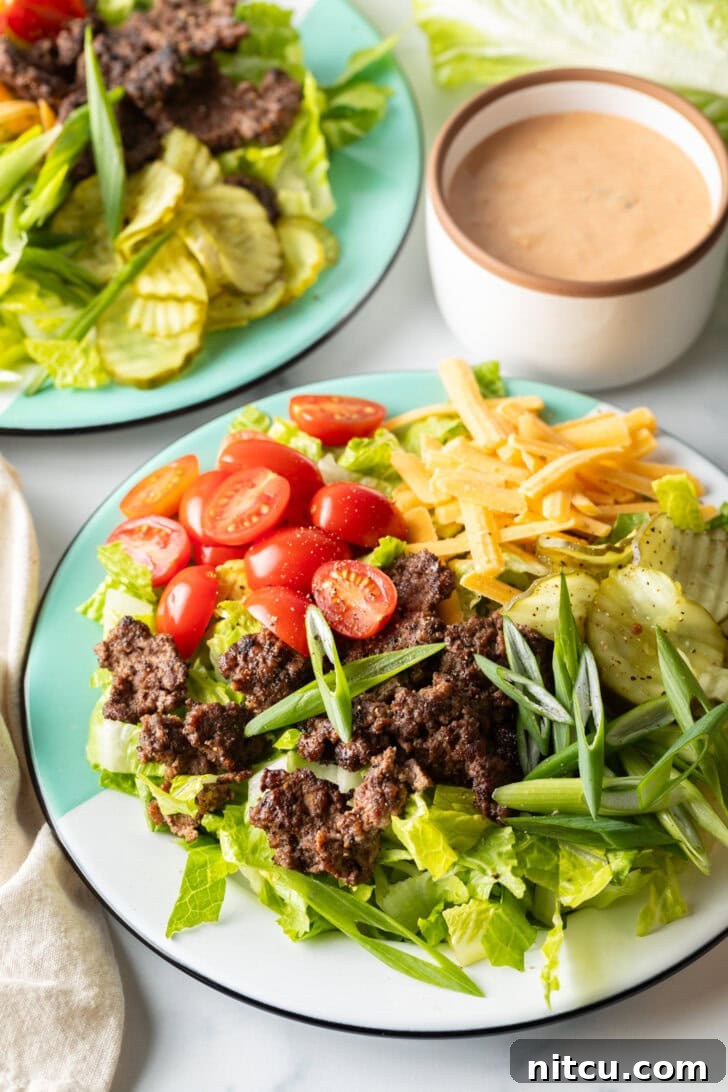 Big Mac Burger Bowl 7 A beautifully arranged Big Mac cheeseburger salad with fresh shredded lettuce, perfectly browned ground beef crumbles, halved grape tomatoes, rich shredded cheese, zesty pickles, and thinly sliced green onion.
