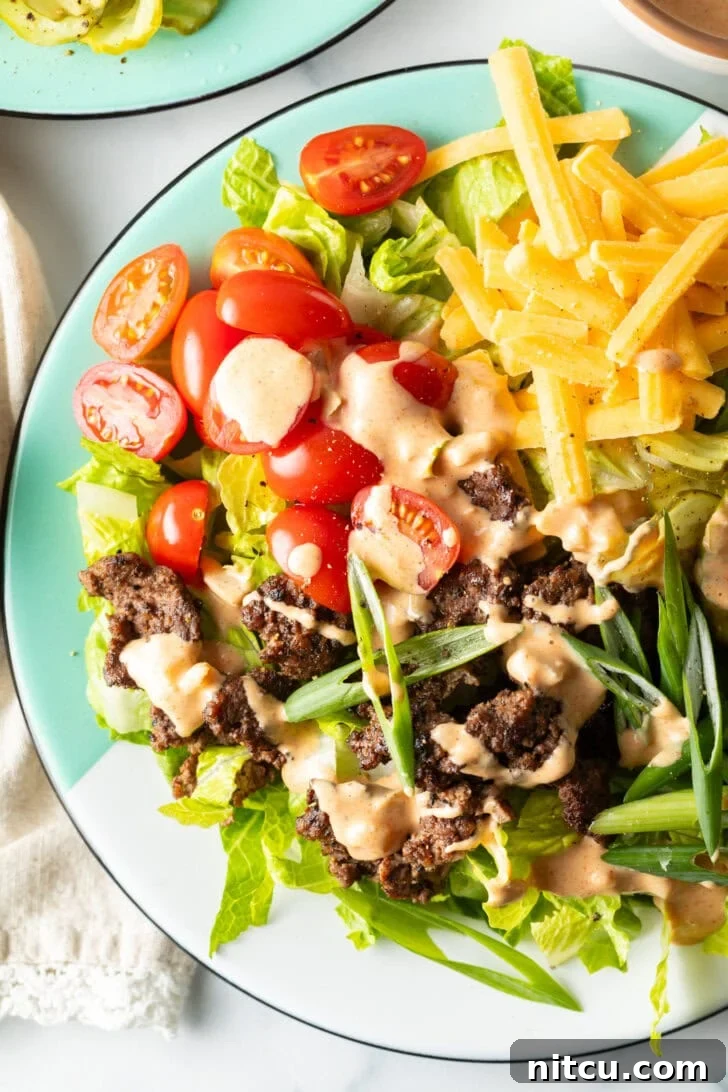 Big Mac Burger Bowl 9 A generous Big Mac burger salad featuring crisp shredded lettuce, savory ground beef crumbles, sweet halved grape tomatoes, rich shredded cheese, tangy pickles, and fresh sliced green onion, all exquisitely drizzled with Thousand Island dressing.