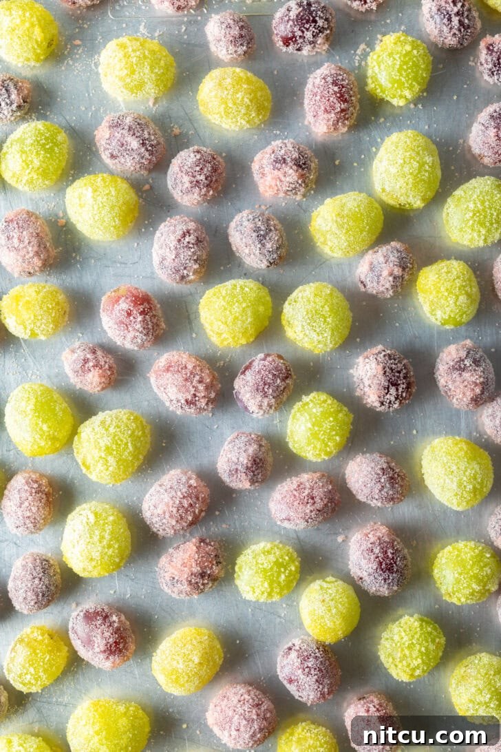 Sweet Grape Gems 4 Top down view of a blend of green and purple grapes candy coated and spread on a baking sheet.