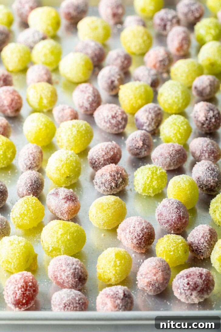 Sweet Grape Gems 8 Top down view of a blend of green and purple grapes candy coated and spread on a baking sheet.