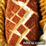 Top down view of a block of spice-coated smoked cream cheese surrounded by various crackers.