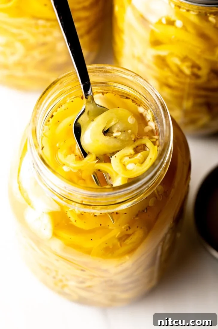 Sweet and Tangy Pickled Banana Peppers 11 4 large jars of canned pickled banana peppers. The jar closest to the camera has the lid off showing the slices of peppers filling the jar. A fork is pulling a serving of slices from the jar.