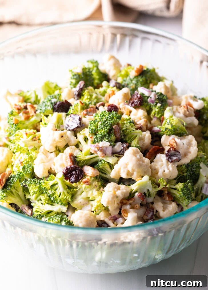 Vibrant Broccoli Cauliflower Salad 8 A beautifully tossed bowl of broccoli and cauliflower salad, vibrant with pecans, red onions, and cranberries, showcasing its readiness to be served.