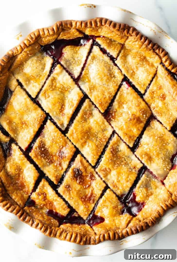 Sweet Cherry Pie Delight 11 A freshly baked cherry pie with a golden, diamond-patterned crust, showcasing its perfect golden-brown finish after coming out of the oven.