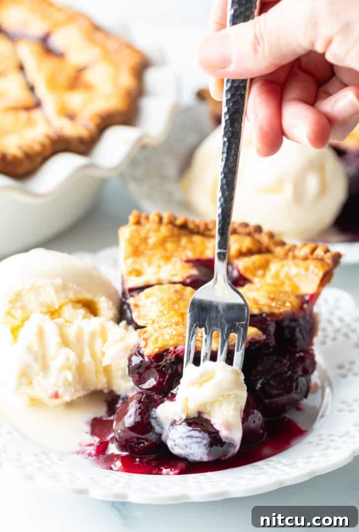 Sweet Cherry Pie Delight 14 A close-up of a bite of the best homemade Cherry Pie recipe, revealing the rich filling and flaky crust, with a dollop of vanilla ice cream melting on the side, highlighting its deliciousness.