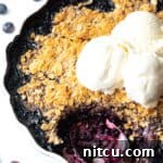 Perfect Blueberry Crisp 13 Scalloped round baking dish with blueberry crisp, topped with scoops of ice cream. A metal spoon has taken away a serving of the crumble.