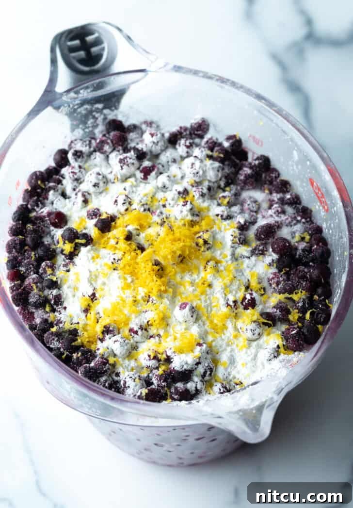 Perfect Blueberry Crisp 5 Close-up of a glass mixing bowl where fresh blueberries, lemon zest, sugar, and cornstarch are being gently combined with a spoon for the crisp filling.