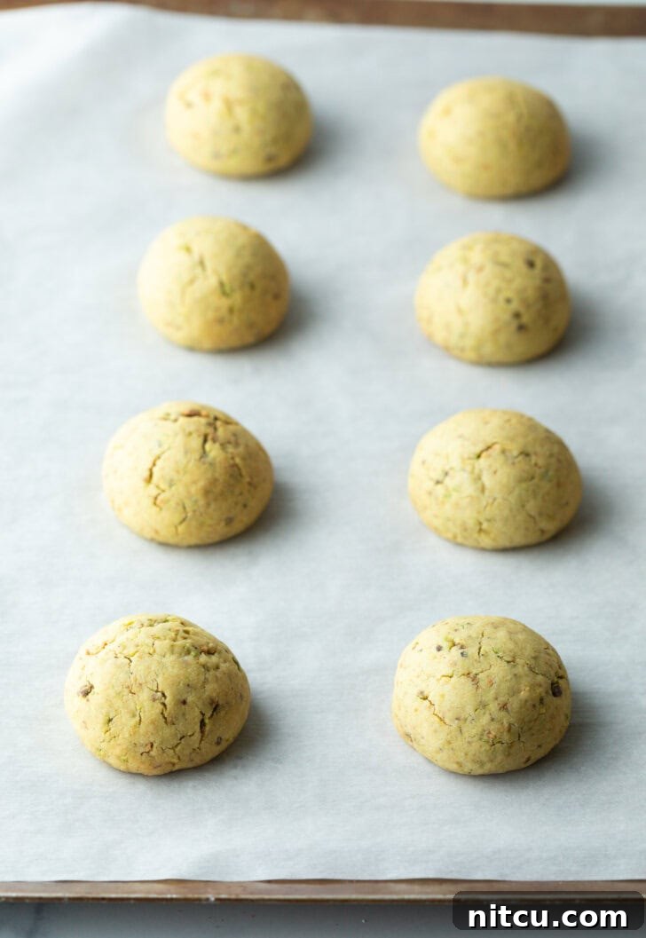 Another view of eight cookie dough balls on a baking sheet, showcasing their uniform size before baking.