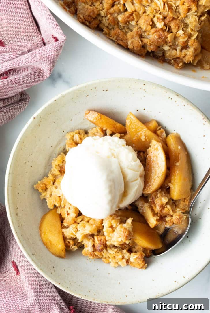 Effortless Golden Apple Crisp 11 Top down view of a white bowl with golden apple crisp topped with a big scoop of ice cream, a delicious autumn treat.