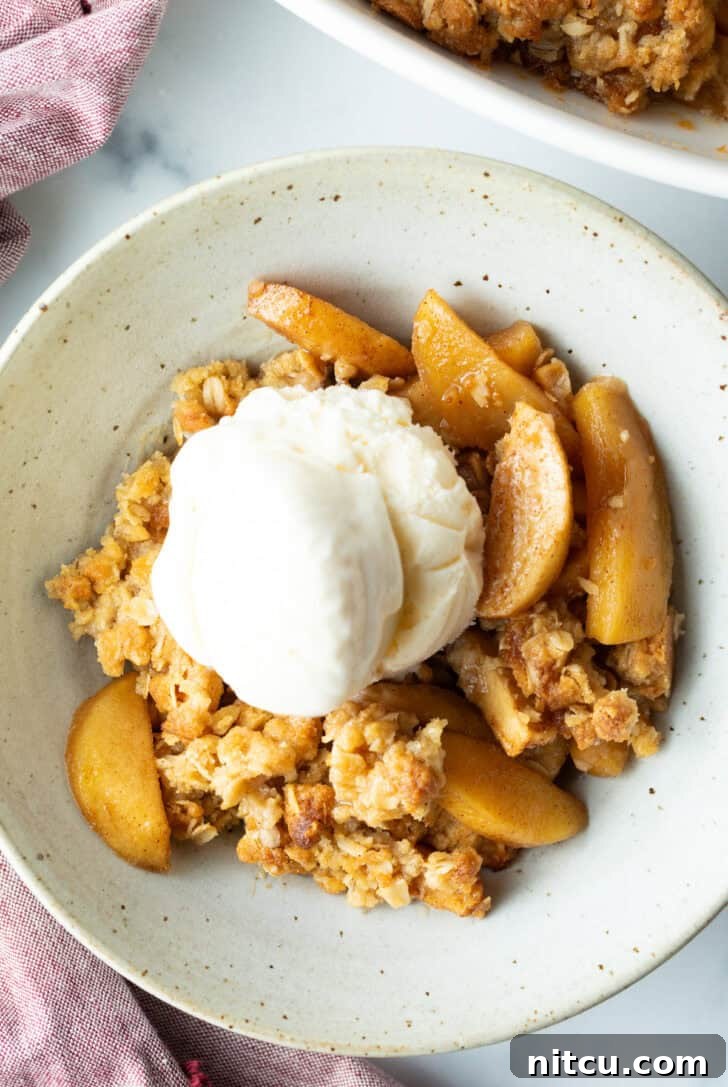 Effortless Golden Apple Crisp 4 Top down view of a white bowl with golden apple crisp topped with a big scoop of ice cream, ready to be enjoyed as a classic fall dessert.