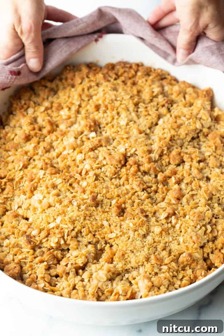 Effortless Golden Apple Crisp 9 Top down view of baked apple crisp with oats, fresh out of the oven, golden and bubbly.