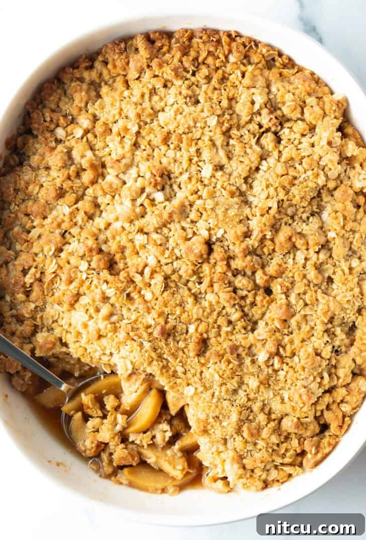 Effortless Golden Apple Crisp 10 Top down view of baked apple crisp with oats. A spoon is scooping away a serving, showing the gooey apples and crunchy topping.