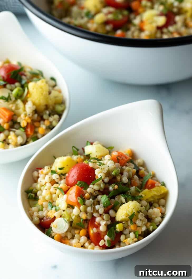 Another appealing serving of Israeli couscous salad in a white bowl, garnished beautifully.
