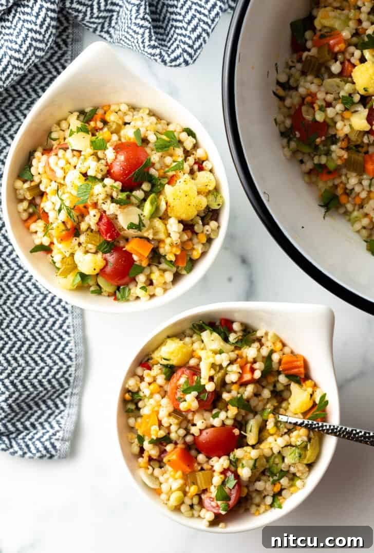 Top-down view of two beautifully presented bowls of Israeli couscous salad, garnished with fresh herbs.