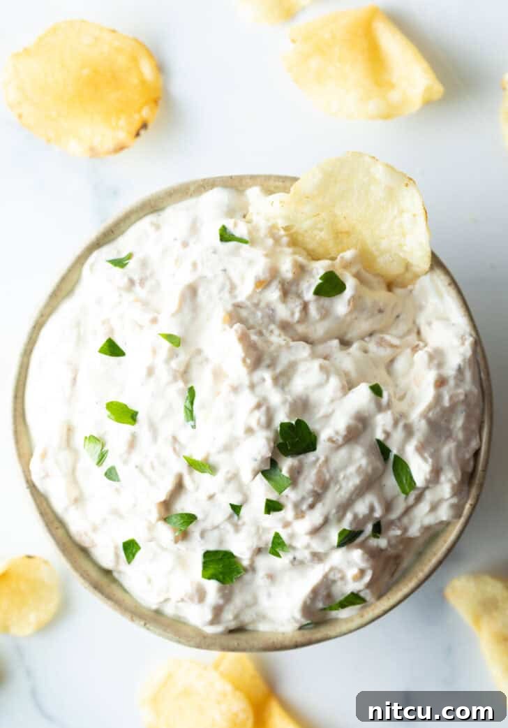 A top-down shot of the French onion dip, garnished with chopped chives, with a potato chip standing upright in the dip, ready to be enjoyed.