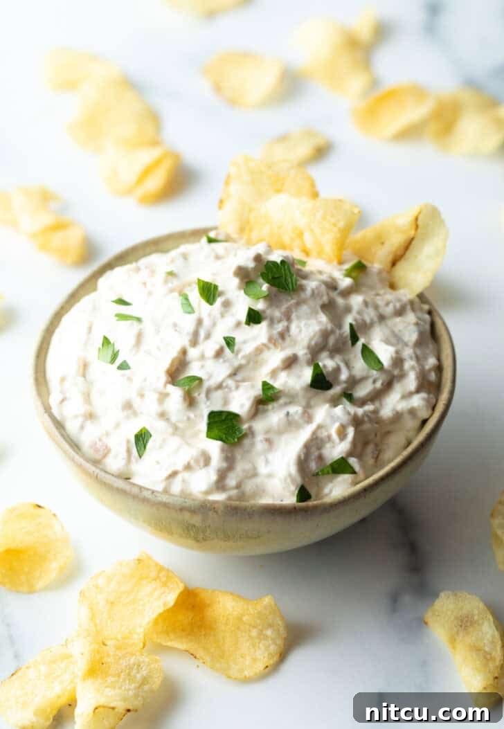 A close-up shot of a bowl of creamy white French onion dip, garnished with chopped chives, with a single potato chip delightfully submerged in the dip.
