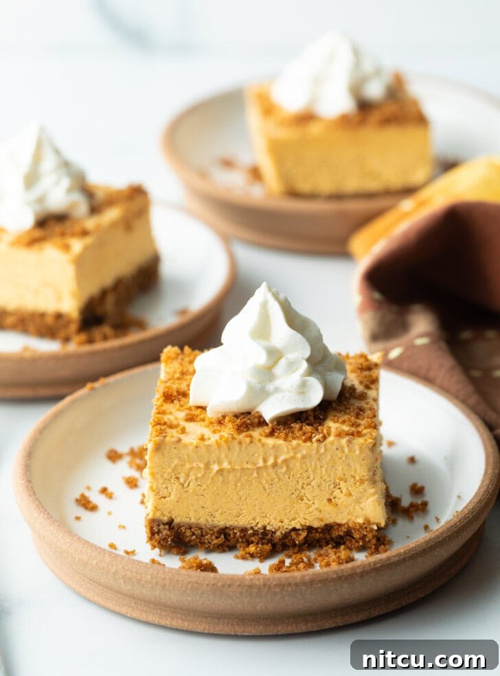 Sheet Pan No-Bake Pumpkin Cheesecake 11 Square of pumpkin pie cheesecake on a white plate, topped with whipped cream.