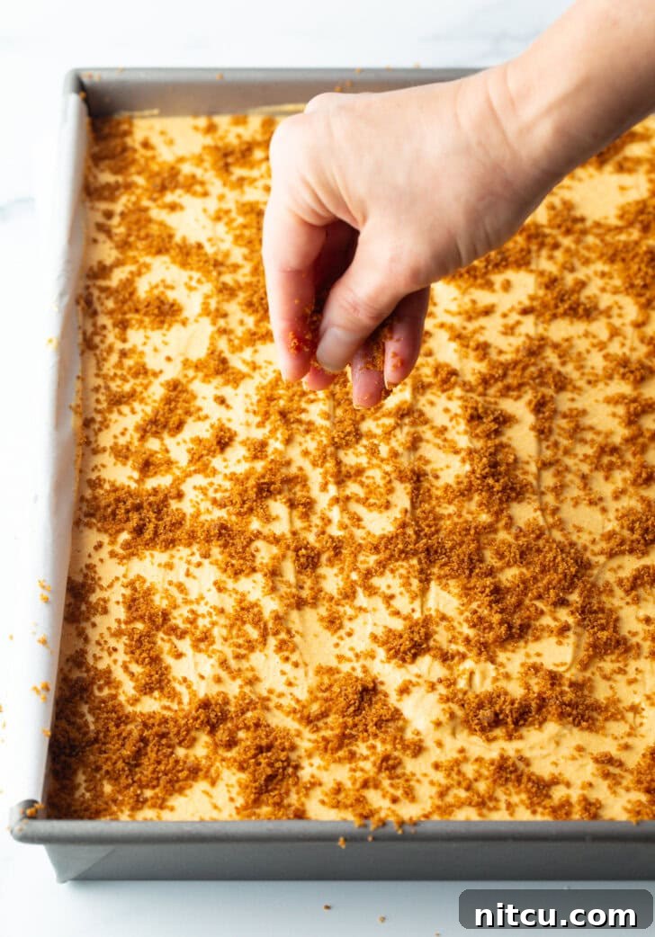 Sheet Pan No-Bake Pumpkin Cheesecake 10 Hand adding crumbled cookie bites of the top of the cheesecake.