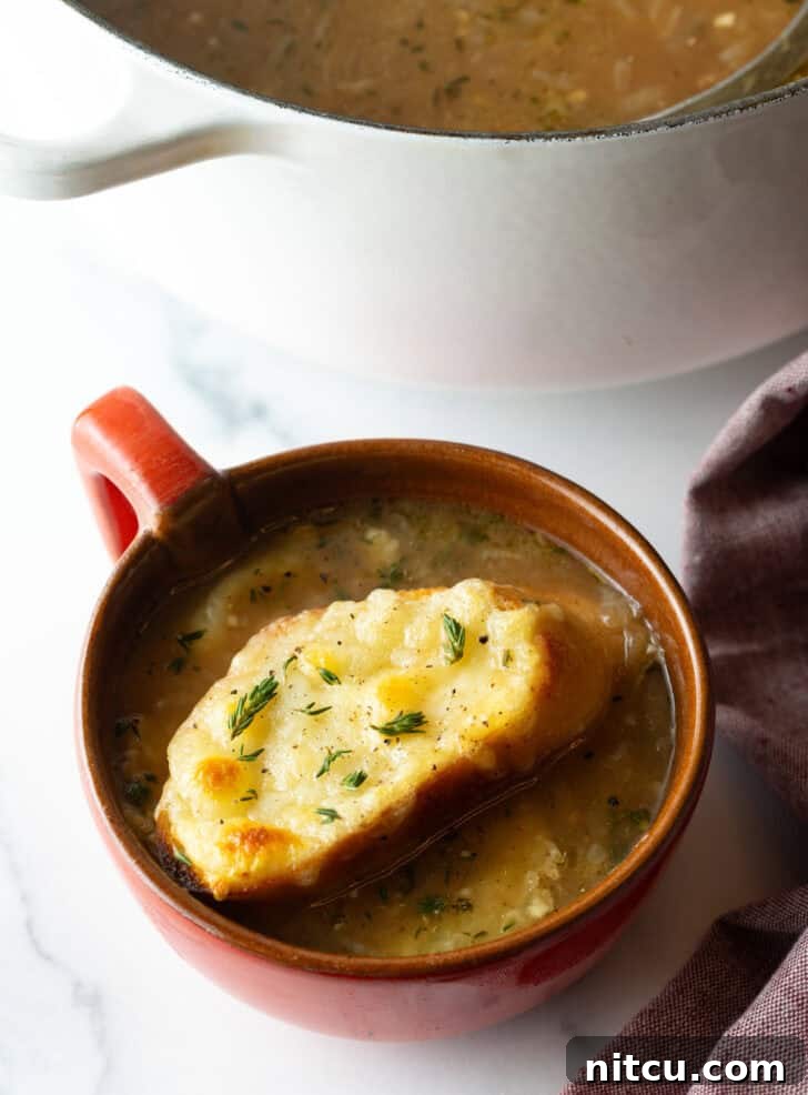 Bistro Onion Comfort 2 Large red mug with French onion soup, topped with a slice of baguette with melted cheese, ready to be enjoyed.