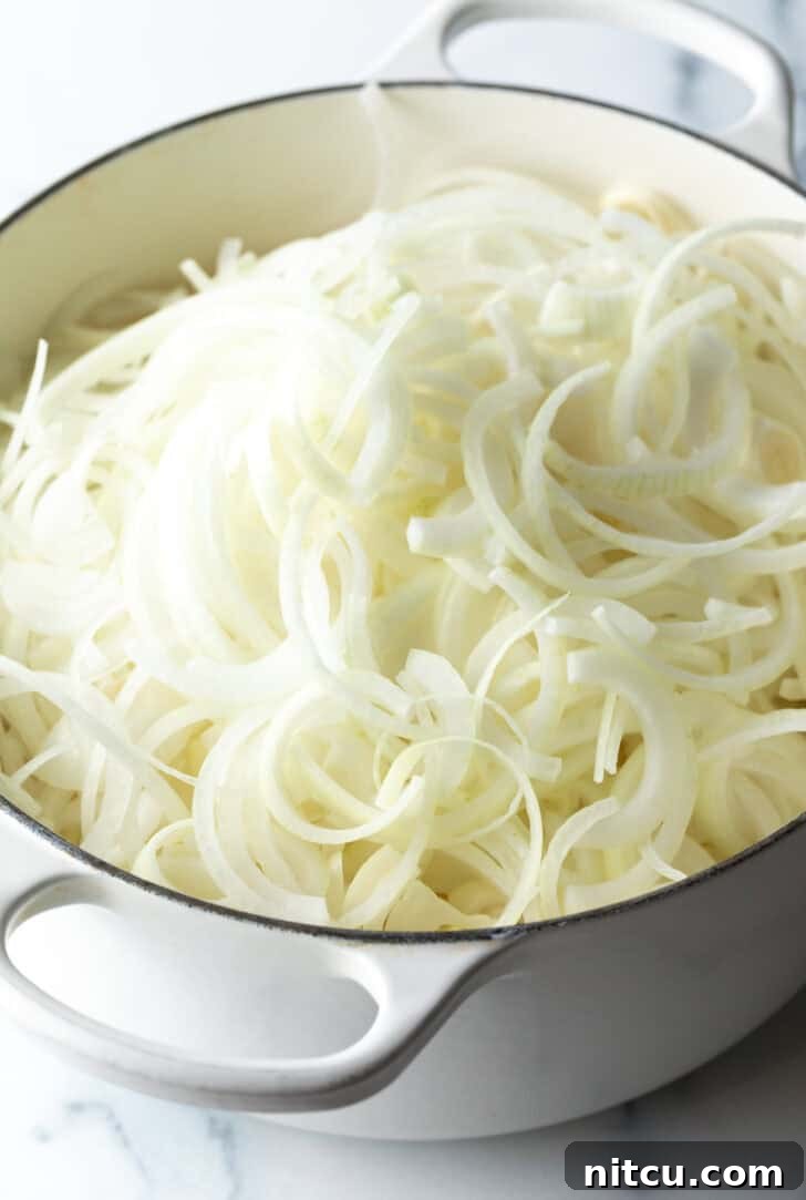Bistro Onion Comfort 5 Large white cooking pot brimming with thinly sliced white onions.