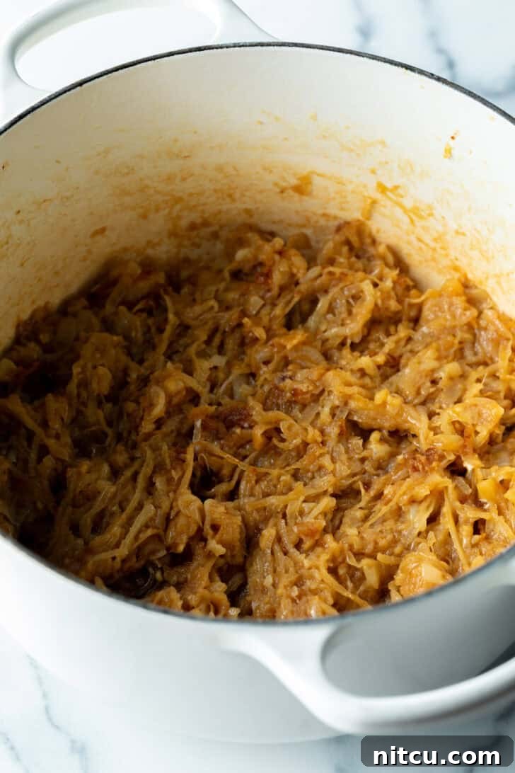 Bistro Onion Comfort 6 Large cooking pot with lots of caramelized onion slices.