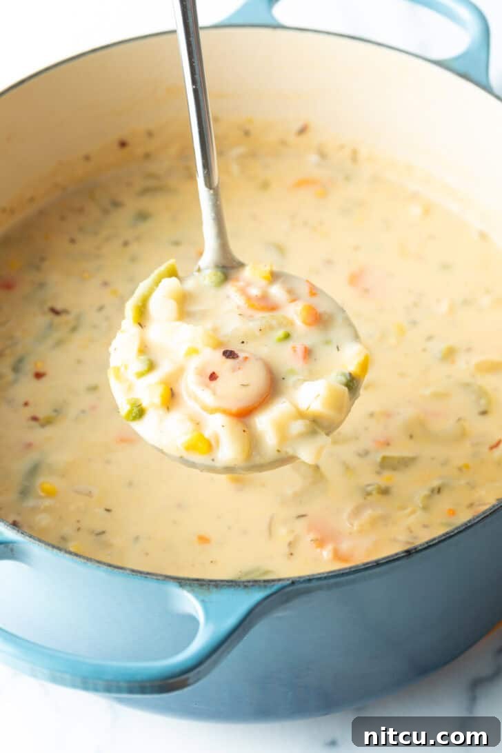 Velvety Garden Soup 2 Large cooking pot with creamy vegetable soup, with a ladle showing a scoop to camera.