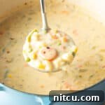 Large cooking pot with creamy vegetable soup, with a ladle showing a scoop to camera.