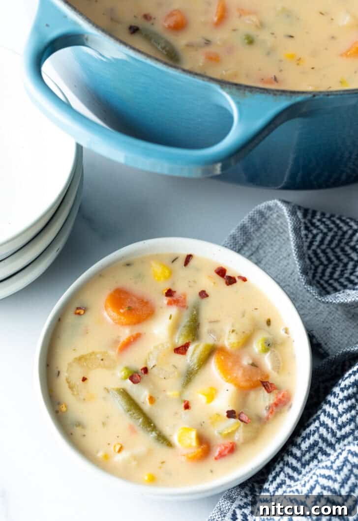 Velvety Garden Soup 4 Top down bowl of creamy vegetable soup with carrots, green beans, corn, and potatoes.