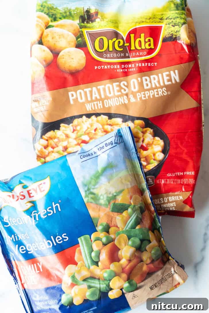 Velvety Garden Soup 5 A bag of frozen potatoes o'brien and a bag of frozen mixed vegetables.