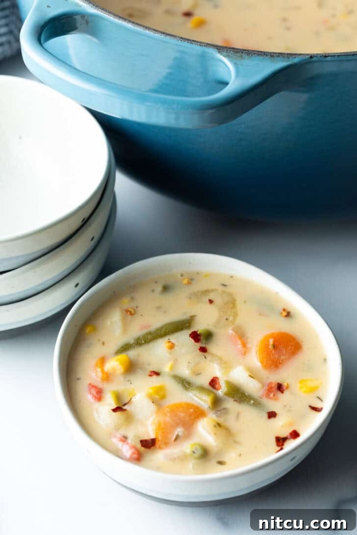 Velvety Garden Soup 10 Top down bowl of creamy vegetable soup with carrots, green beans, corn, and potatoes.