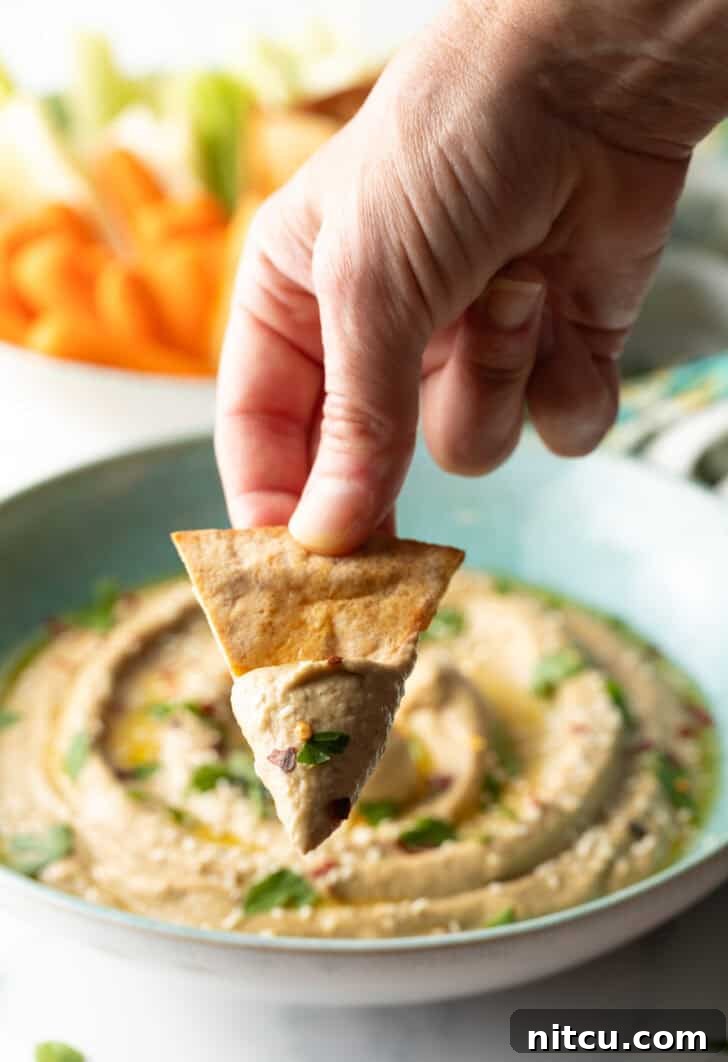 Hand showing a pita chip laden with creamy eggplant dip to the camera, with a bowl of baba ganoush in the background.