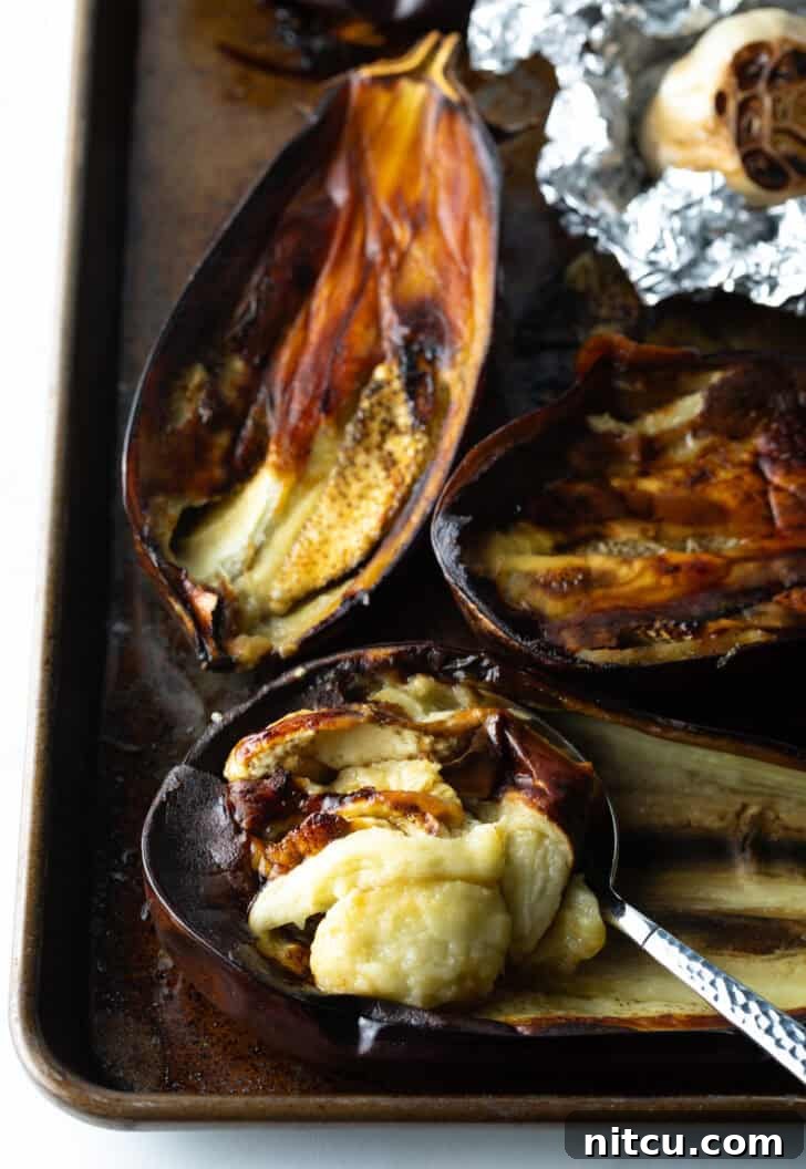 Roasted eggplant halves with the tender meat scooped out, ready for blending.