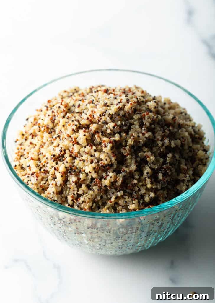 Perfectly Fluffy Quinoa 10 Glass bowl of fluffy quinoa.