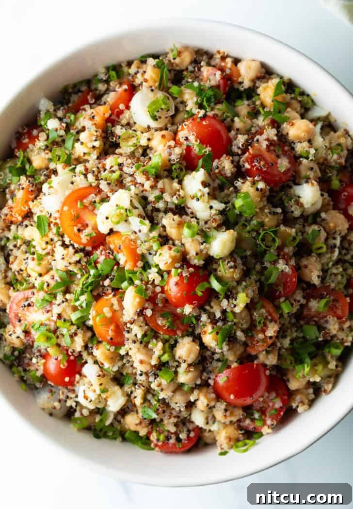 Perfectly Fluffy Quinoa 11 Top down view quinoa salad with cherry tomatoes, chopped fresh herbs, and chickpeas.