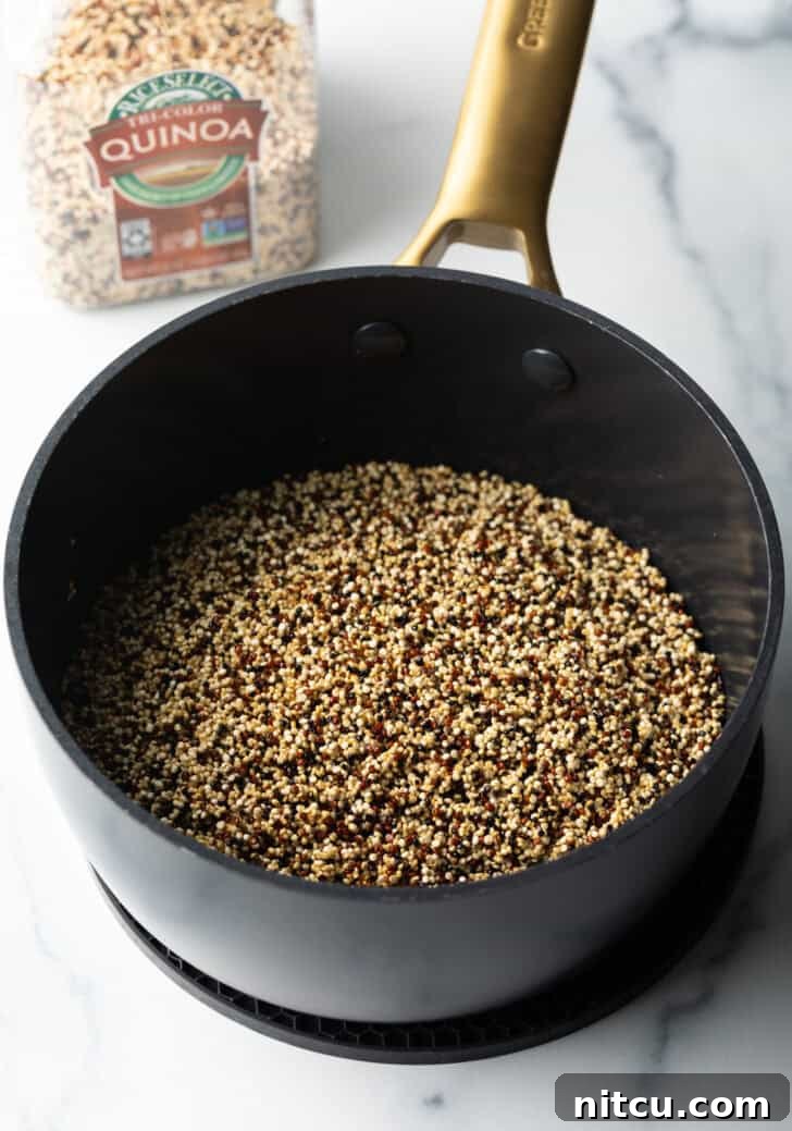 Perfectly Fluffy Quinoa 6 Dry grains in a large black saute pot.