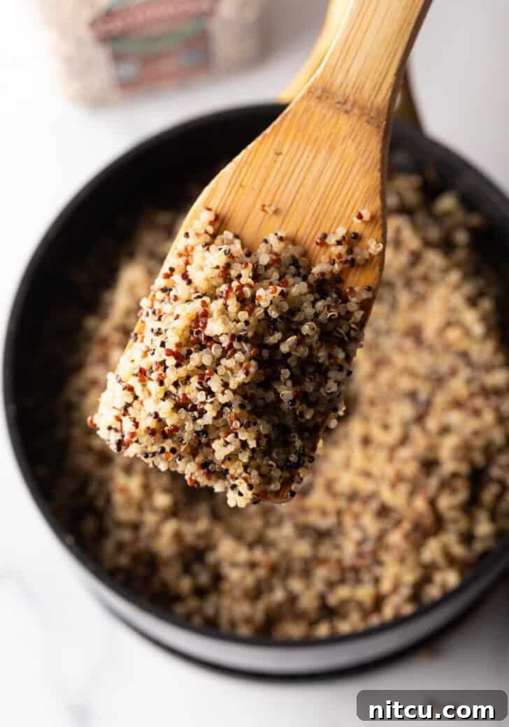 Perfectly Fluffy Quinoa 9 Wood spatula showing scoop of cooked quinoa to the camera.
