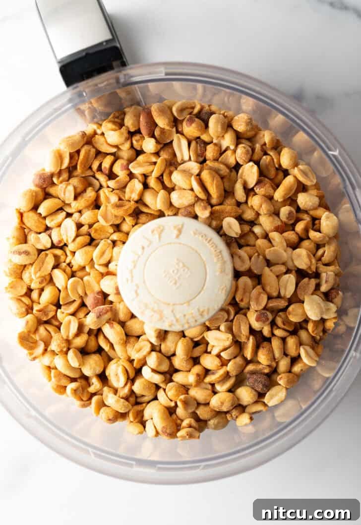 Whip Up Your Own Peanut Butter 5 Dry roasted peanuts being poured into a food processor, ready for blending.