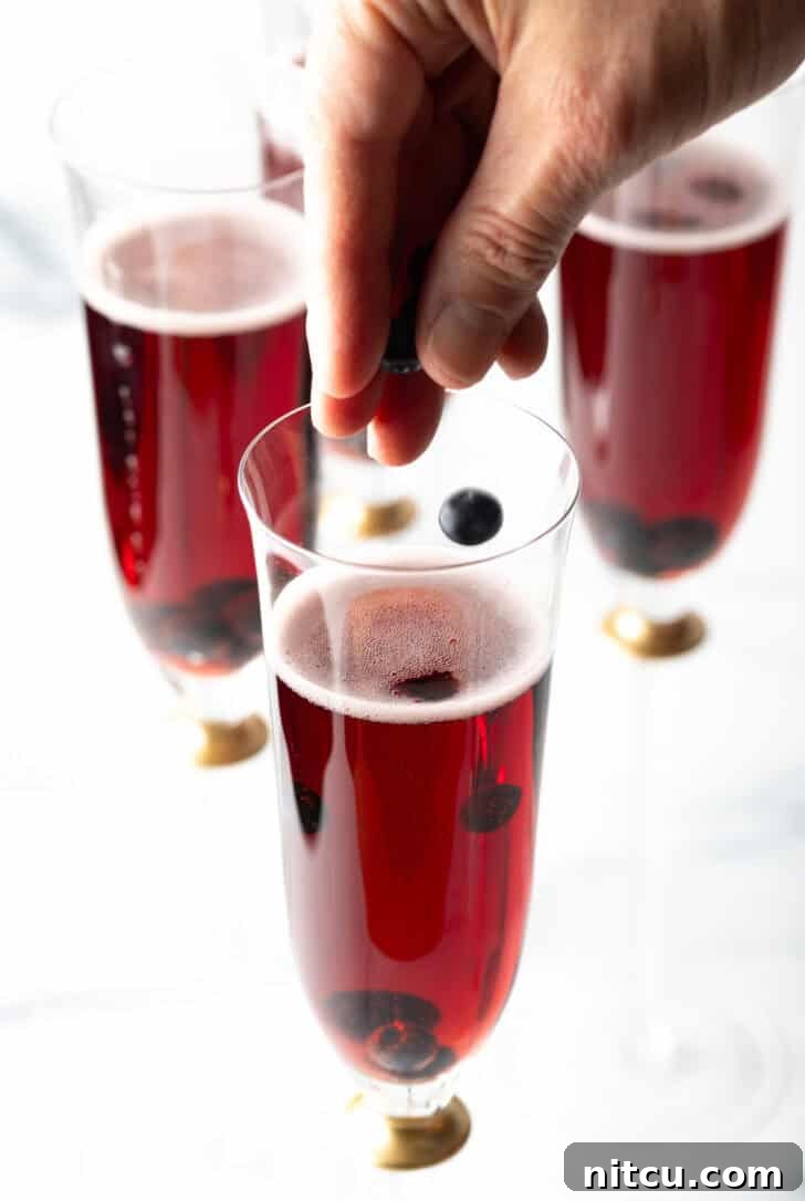 Regal Berry Fizz 9 A hand delicately sprinkling dried blackcurrants into a Kir Royale cocktail.