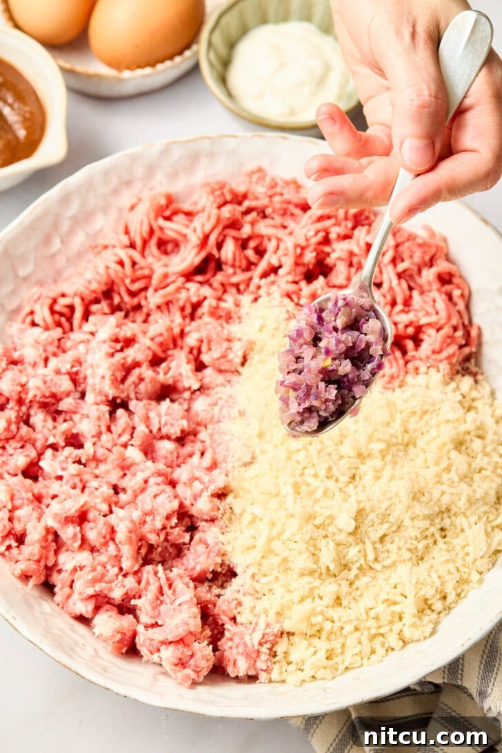 Apple Butter Swedish Meatballs Recipe | ASpicyPerspective.com Apple Meatballs - ingredients in bowl