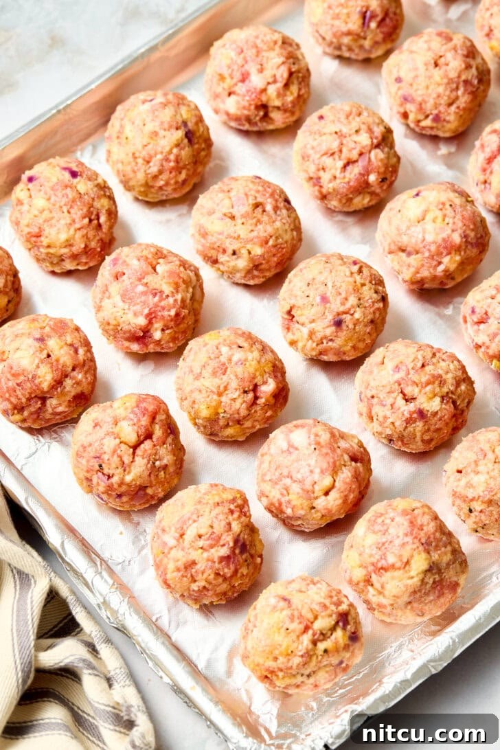 Onions | ASpicyPerspective.com Apple Meatballs - rolled meatballs on tray