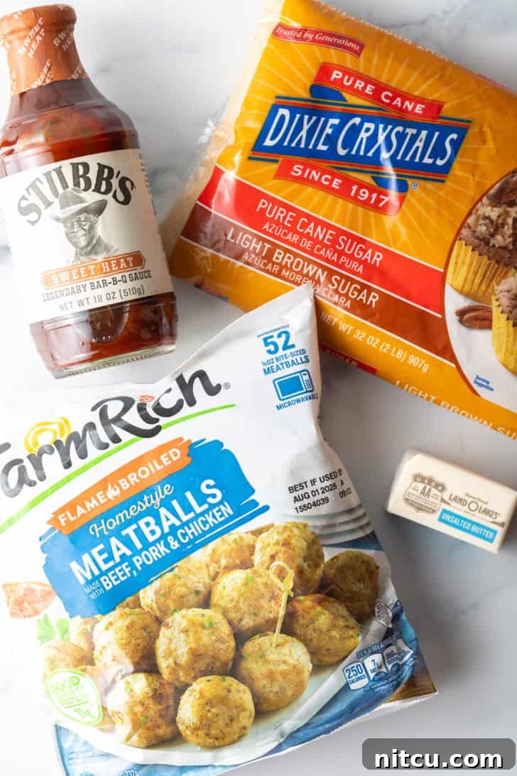 Sweet & Smoky Slow Cooker Meatballs 5 Top down ingredients you need: Bag of frozen meatballs, bottle of barbecue sauce, pack of brown sugar.