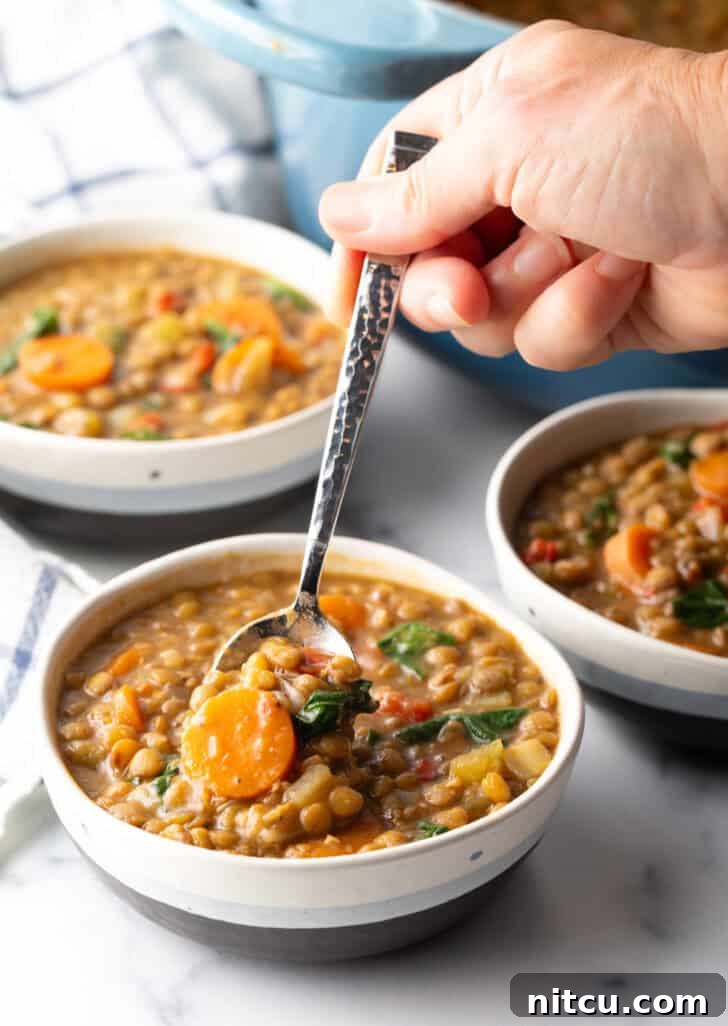Classic Homestyle Lentil Soup 12 A hand holding a spoon, scooping a generous serving of traditional lentil soup from a white bowl, capturing the inviting texture of the dish.