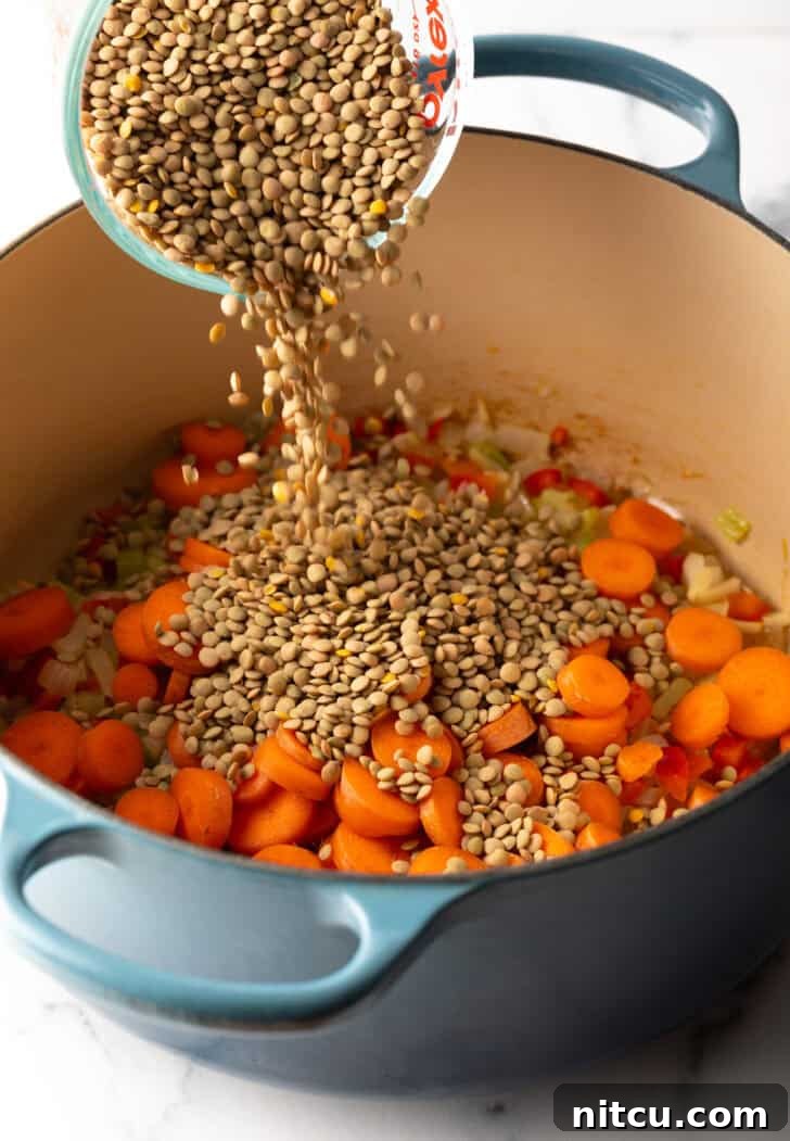 Classic Homestyle Lentil Soup 7 Dried lentils being poured from a clear measuring glass into a large cooking pot already containing sautéed carrots and other vegetables, illustrating a key step in soup preparation.