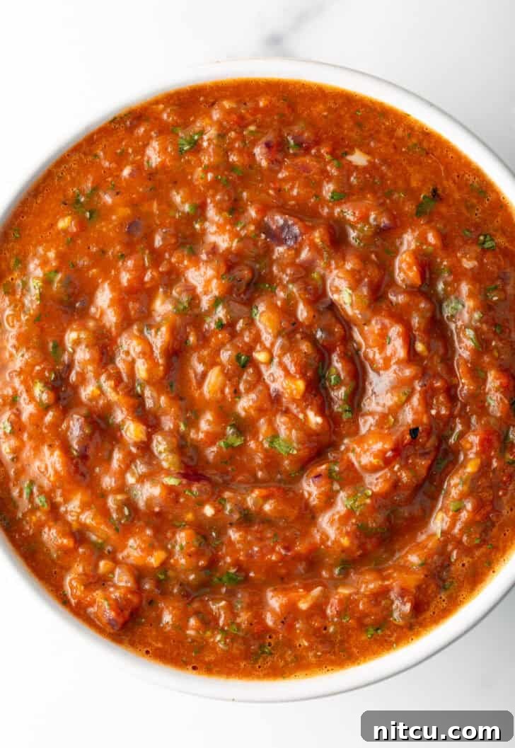 Charred Tomato Salsa 11 Top down view of a white bowl of red roasted tomato salsa.